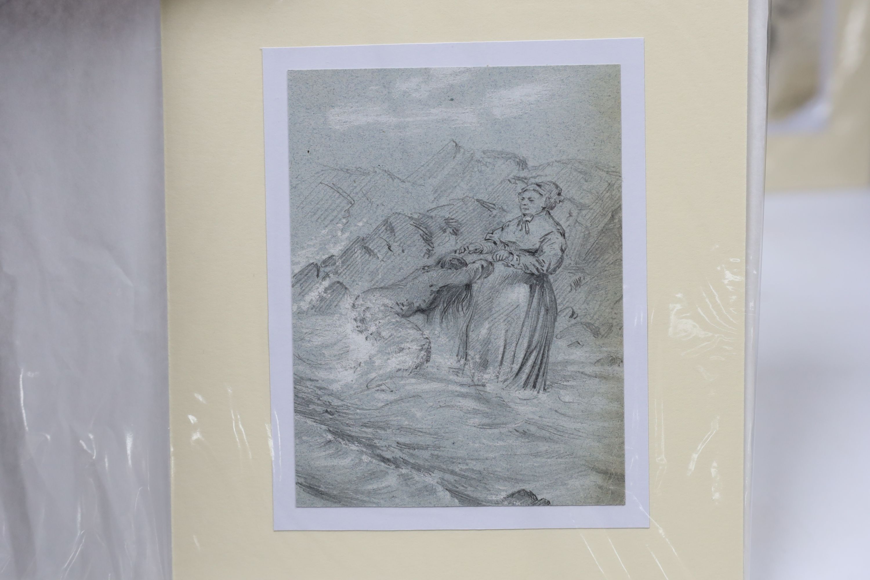 Eight 19th century and later pen, ink, watercolour and pencil sketches, some caricatures including examples by W McConnell with ink inscriptions, unframed, 21 x 17cm